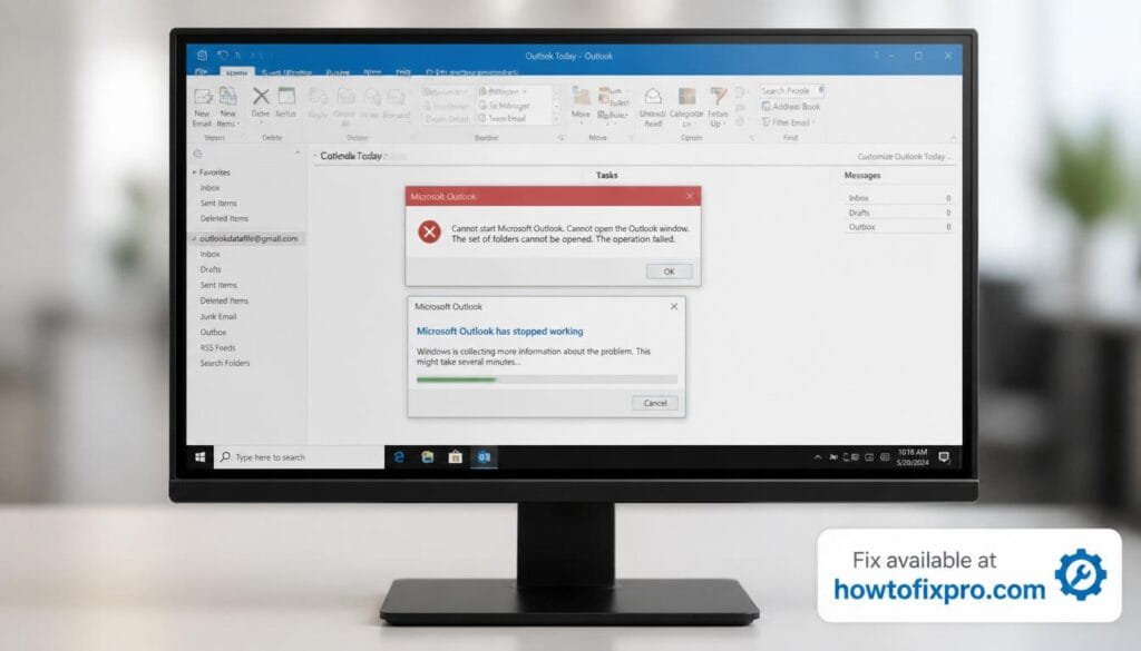 Outlook Keeps Crashing on Startup with an error dialog box – a common scenario when Outlook fails to load due to corrupted add-ins or profile issues.