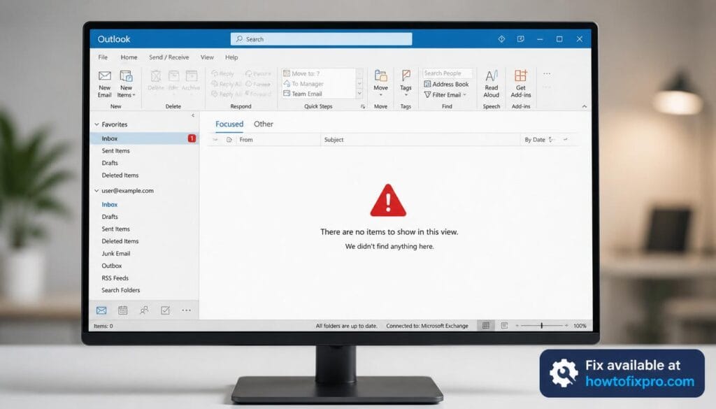 Outlook not receiving emails with an empty inbox and a notification badge – a common scenario when Outlook fails to sync in real-time.