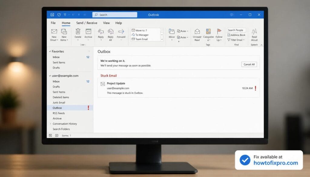 Outlook not sending emails with emails stuck in Outbox folder on Windows – a common scenario when Outlook fails to transmit messages to the outgoing mail server.