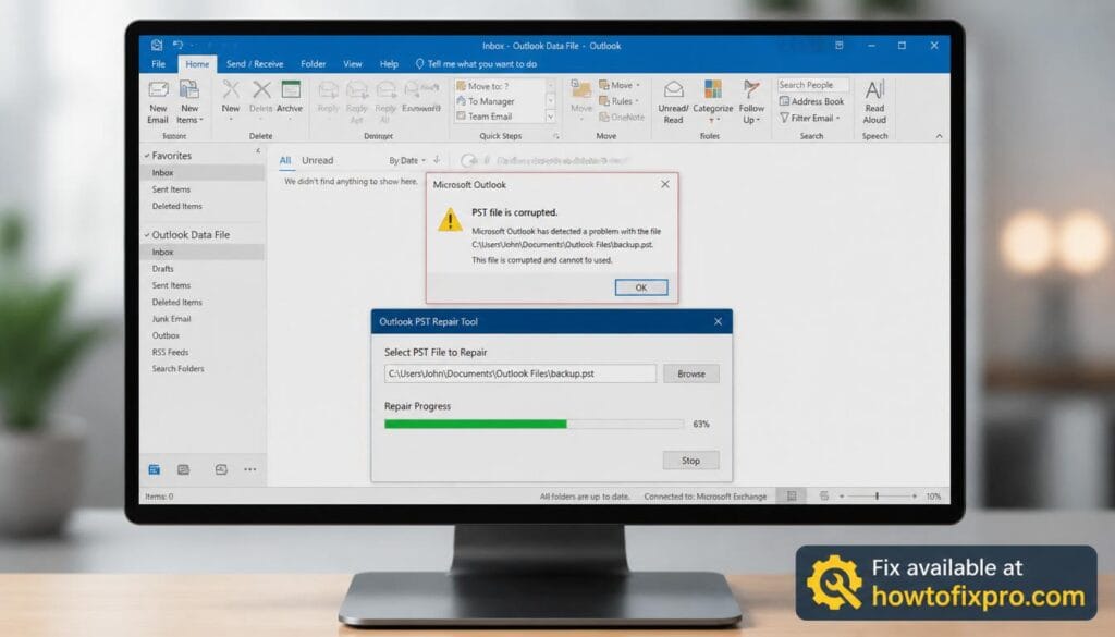 Outlook PST file repair tool interface with a corrupted data file error – a common scenario when Outlook fails to open due to PST corruption.