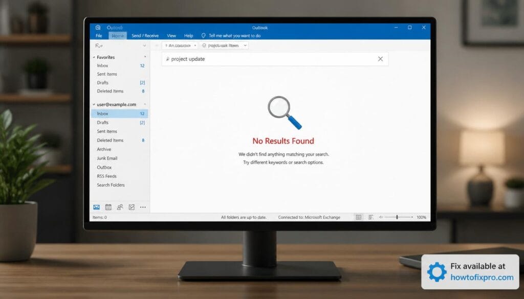 Outlook Search Not Working with a "No Results Found" error on Windows – a common scenario when Outlook's search index is corrupted or disabled.