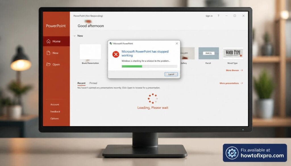 PowerPoint not opening or crashing with a red error message on the screen – a common scenario when the app fails to start or crashes unexpectedly.