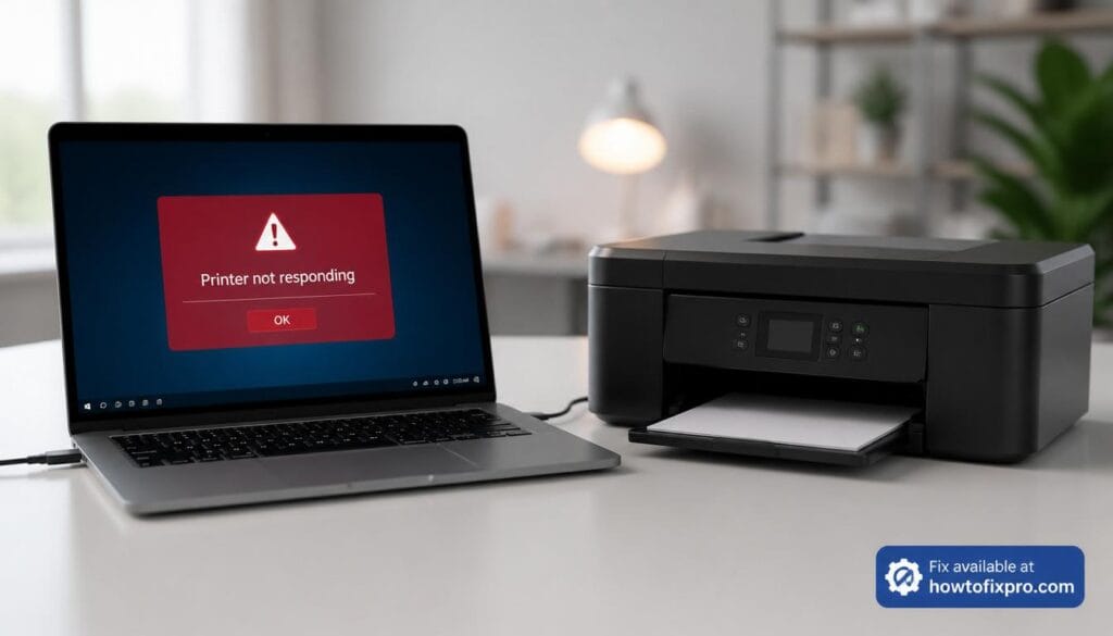Printer not working on Windows 11 with a red error message on the laptop screen – a common scenario when the printer fails to function.