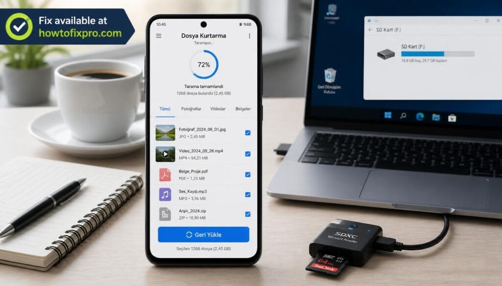 Smartphone and laptop screen showing Android data recovery interface – a typical screen when recovering permanently deleted files on Android without root