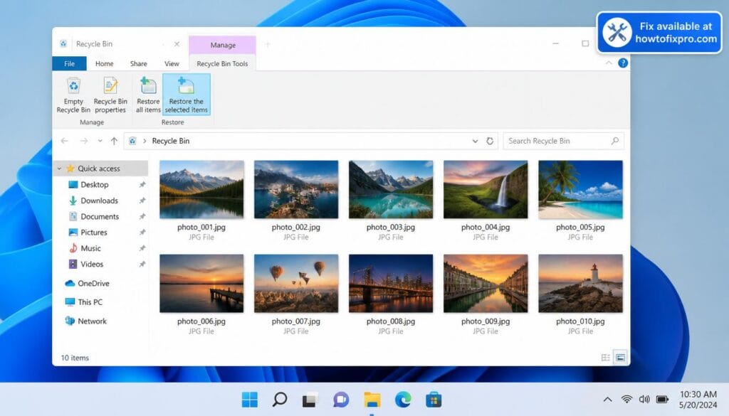Windows 11 Recycle Bin open with deleted photos visible for recovery