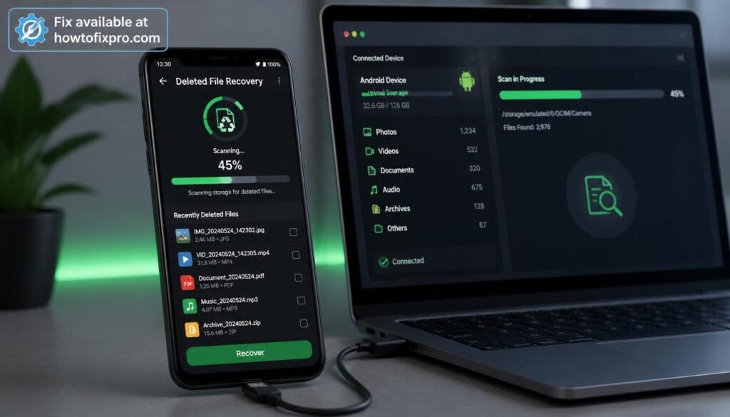 Android phone showing deleted file recovery app scanning for lost data