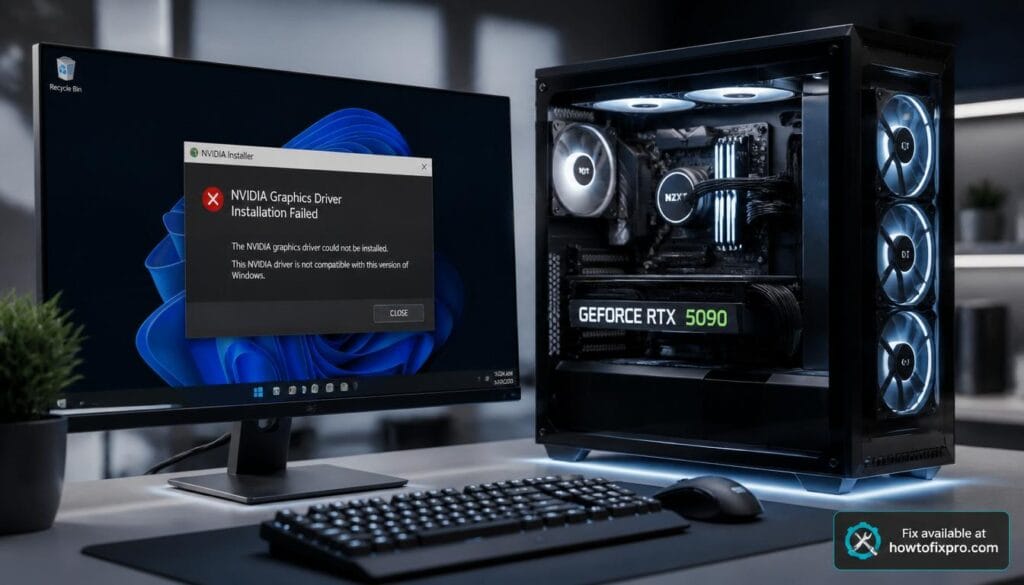 RTX 50 series driver issues with a crash error on the monitor – a common scenario when NVIDIA drivers cause instability.