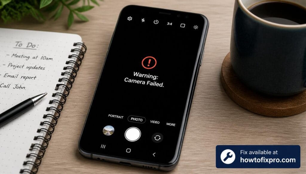 Smartphone showing Samsung Camera Warning Camera Failed error message – a common scenario when Samsung Camera Warning Camera Failed occurs