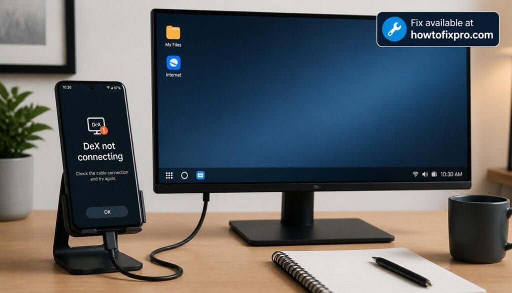 Smartphone and monitor showing Samsung DeX not connecting error – a common scenario when Samsung DeX not connecting occurs