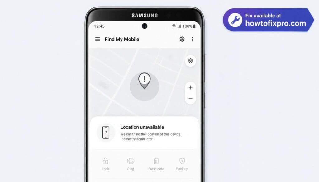 Samsung Find My Mobile not working with a location error on a Galaxy phone – a common scenario when the tracking feature fails to locate the device.
