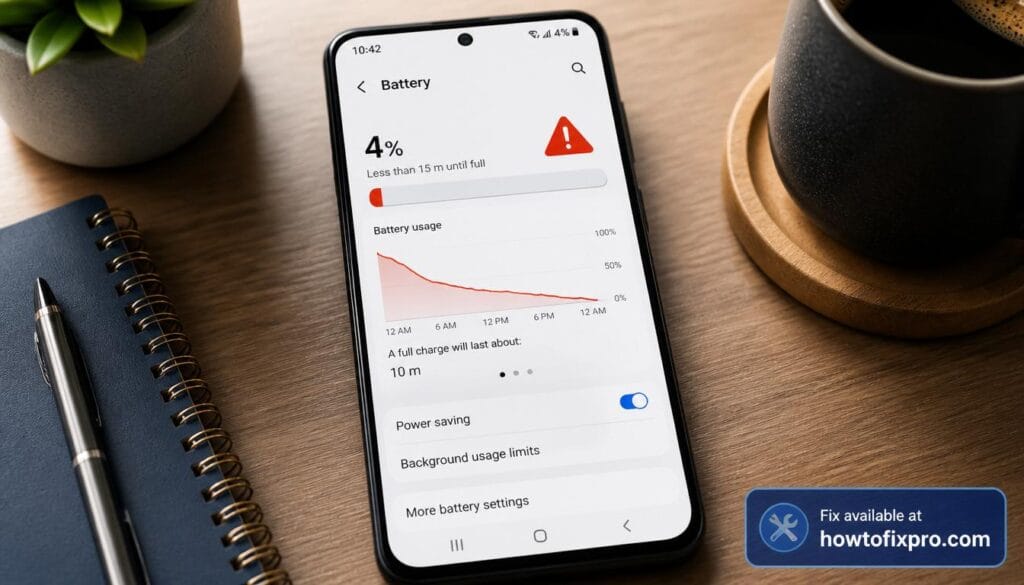 Smartphone showing Samsung Galaxy battery draining fast warning – a common scenario when Samsung Galaxy battery draining fast occurs
