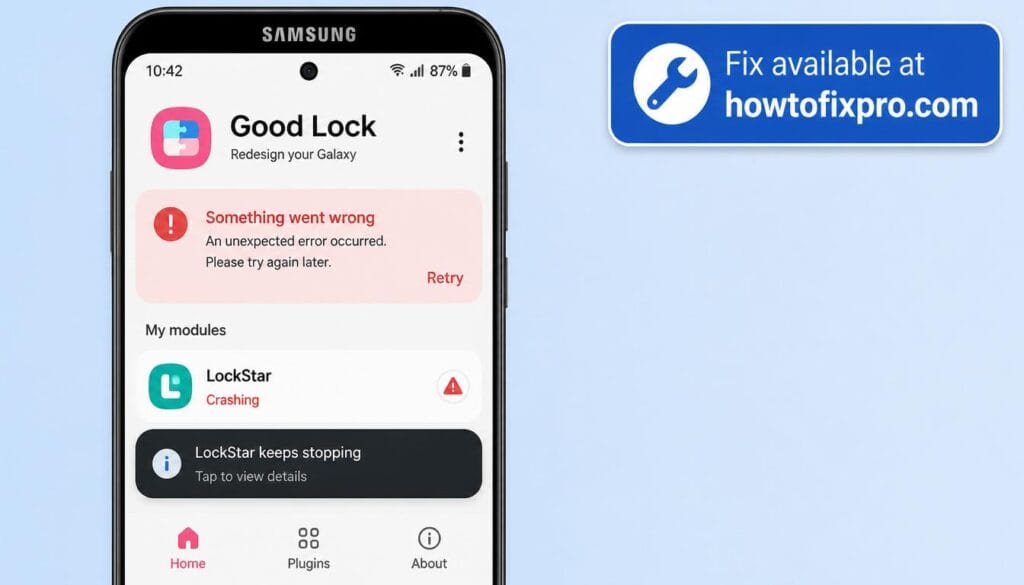 Samsung Good Lock modules crashing with an error notification on a Galaxy phone – a common scenario when Good Lock modules fail to work properly.