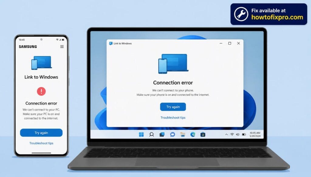 Samsung Link to Windows not working with a connection error on a Galaxy phone and Windows PC – a common scenario when Link to Windows fails to connect.