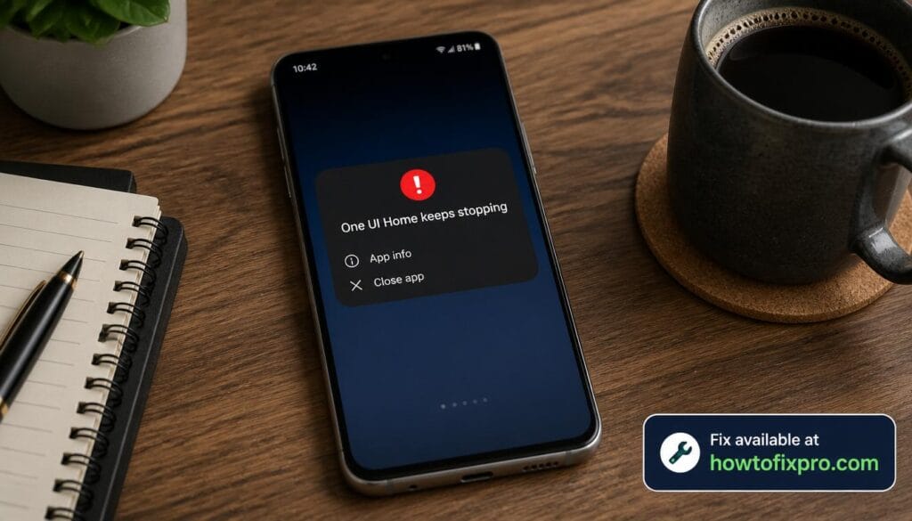 Smartphone showing Samsung One UI Home keeps stopping error message – a common scenario when Samsung One UI Home keeps stopping occurs