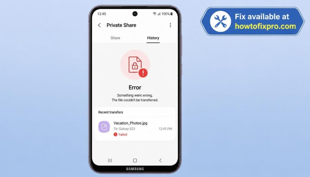 Samsung Private Share not working with a failed transfer error on a Galaxy phone – a common scenario when the secure sharing feature fails to send files.