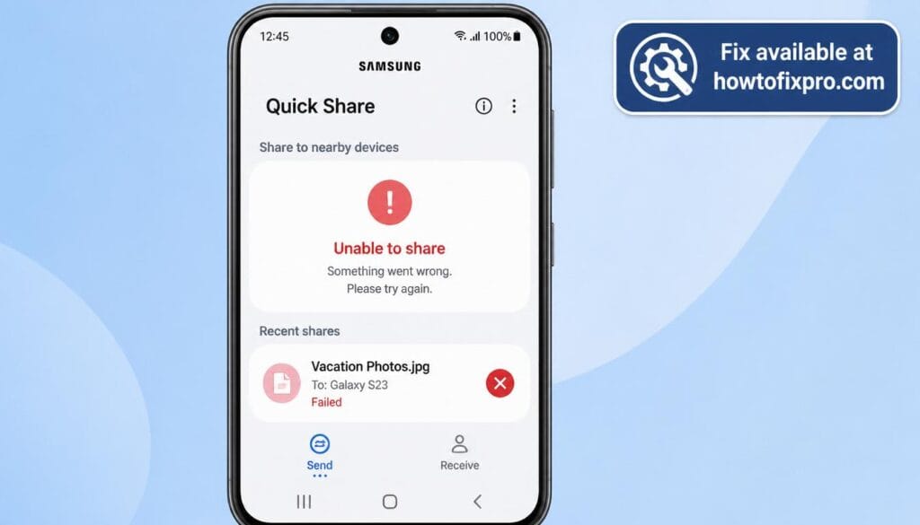 Samsung Quick Share not working with a failed transfer error on a Galaxy phone – a common scenario when file sharing fails.