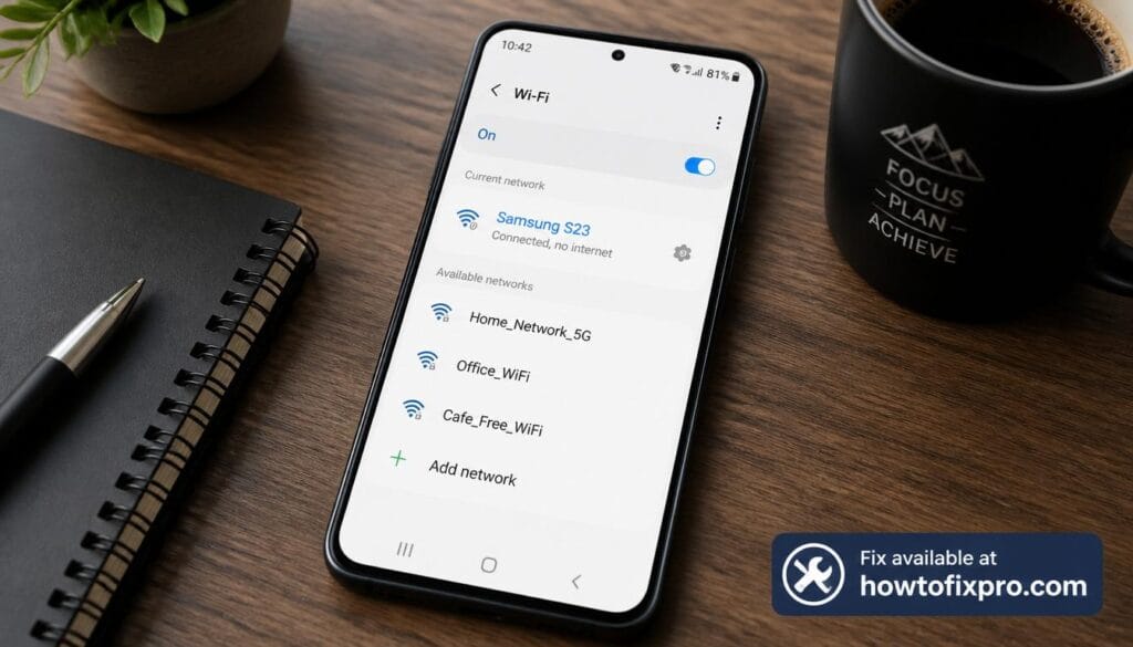Smartphone showing Samsung S23 WiFi connected but no internet error – a common scenario when Samsung S23 WiFi connected but no internet after One UI update occurs