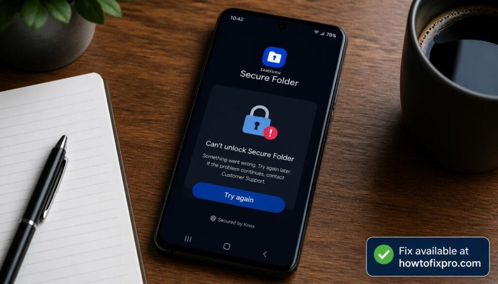 Smartphone showing Samsung Secure Folder not working error message – a common scenario when Samsung Secure Folder not working occurs