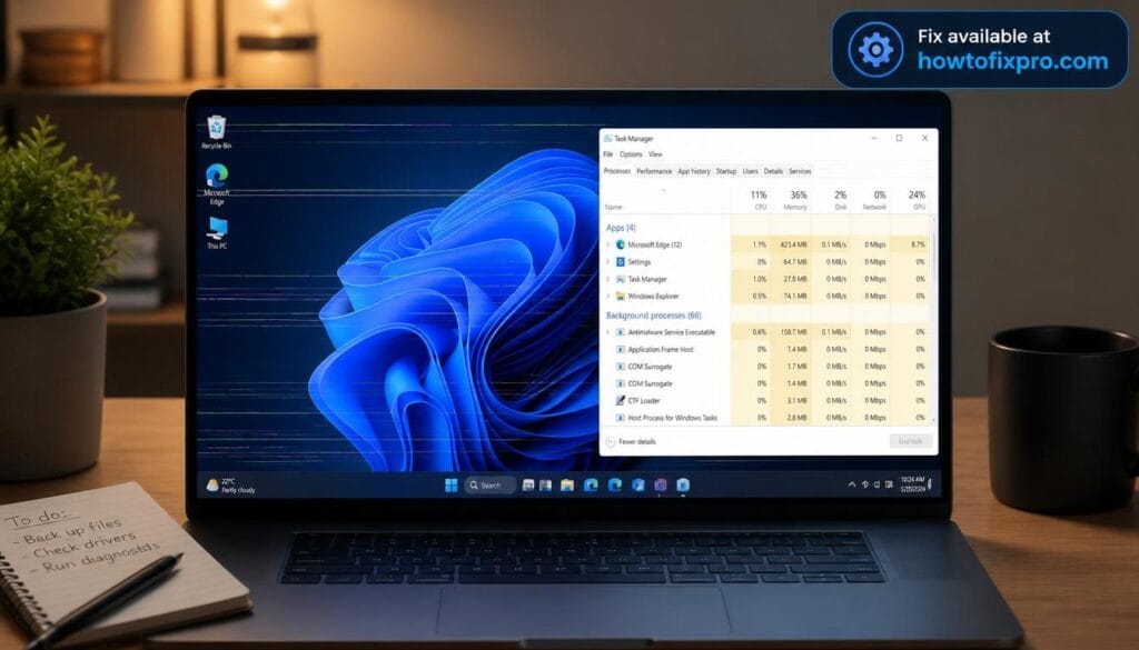 Laptop screen displaying Windows 11 with flickering lines and distortion – a common scenario when screen flickering in Windows 11 occurs