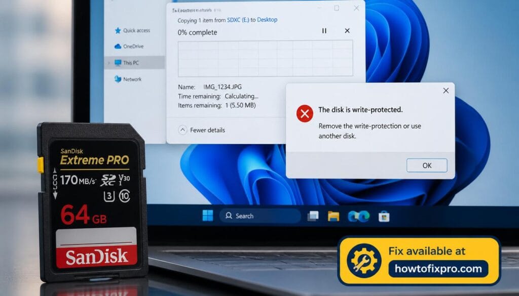 SD card read only error on computer screen with lock switch icon