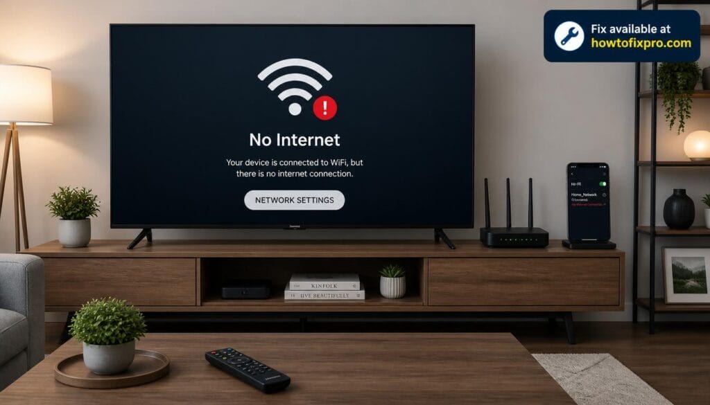 Smart TV screen showing WiFi connected but no internet error – a common scenario when Smart TV WiFi connected but no internet occurs