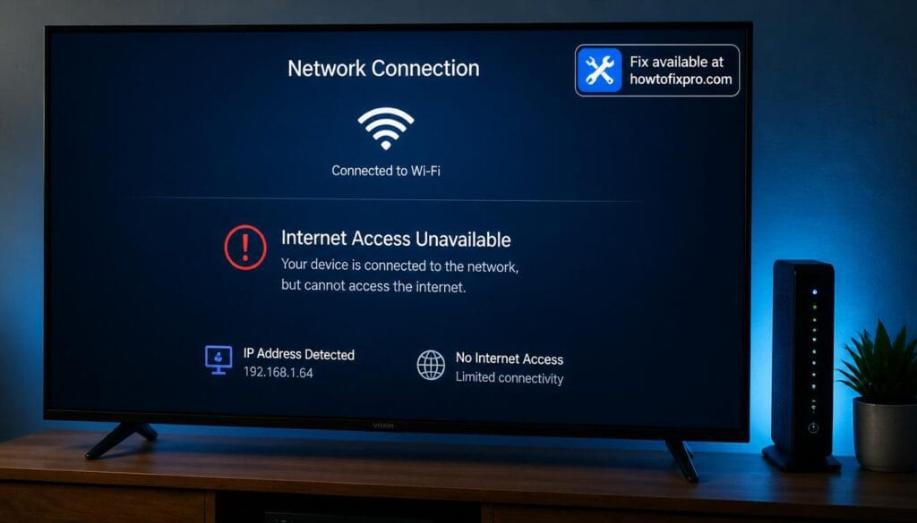 Smart TV showing Wi-Fi connected icon but no internet error message