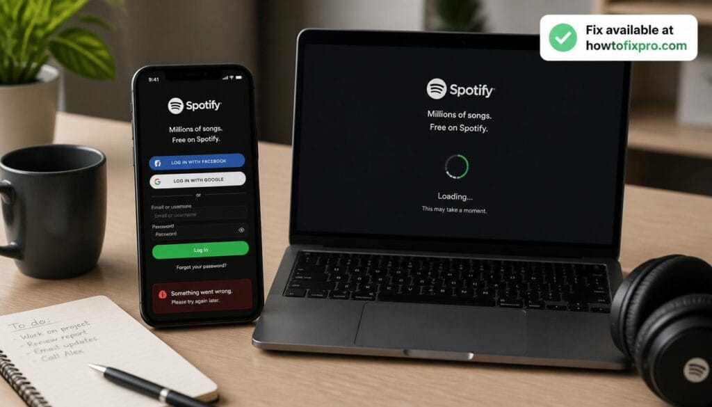 Smartphone and laptop showing Spotify login error message – a common scenario when Spotify login error occurs