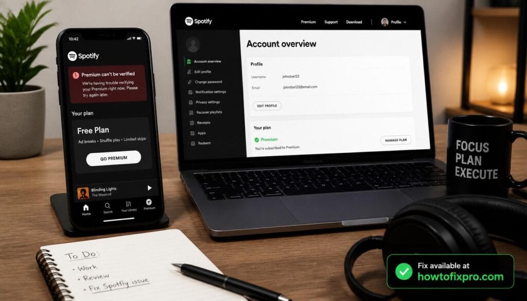 Smartphone and laptop showing Spotify Premium error with account marked as Free – a common scenario when Spotify Premium error occurs