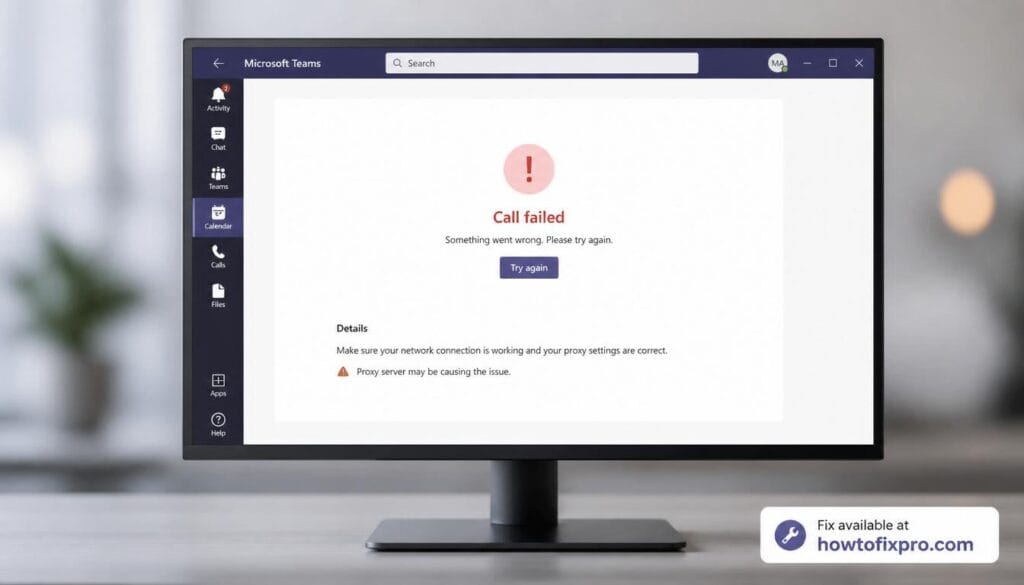 Teams call failed due to network proxy error with a red warning on the screen – a common scenario when proxy settings block Teams calls.