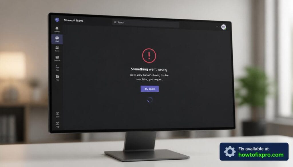 Teams Something went wrong loop with a red error message on the screen – a common scenario when Teams gets stuck in an error loop.