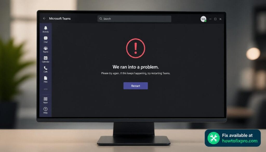 Teams "We ran into a problem" error with a red warning on the screen – a common scenario when Teams fails to connect.