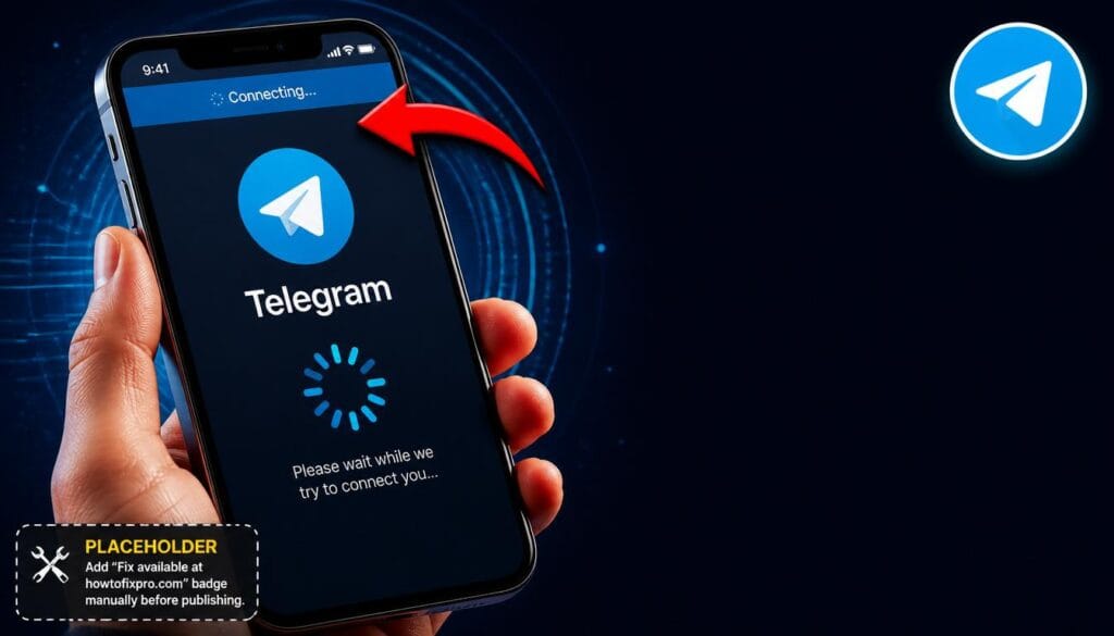 Telegram Connecting infinite loop displayed on a smartphone with a spinning loading indicator.