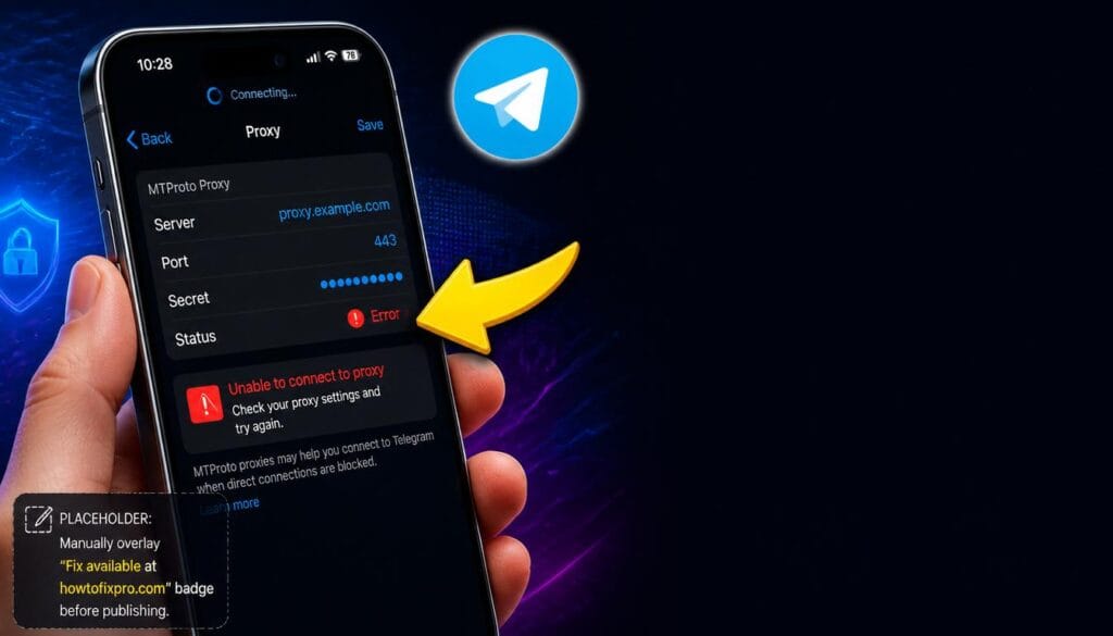 Telegram Proxy Not Working MTProto error displayed on a smartphone with a connecting status and red error indicator.