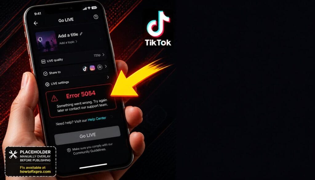 TikTok Live Stream Not Starting Error 5054 displayed on a smartphone with a grayed-out Go Live button.