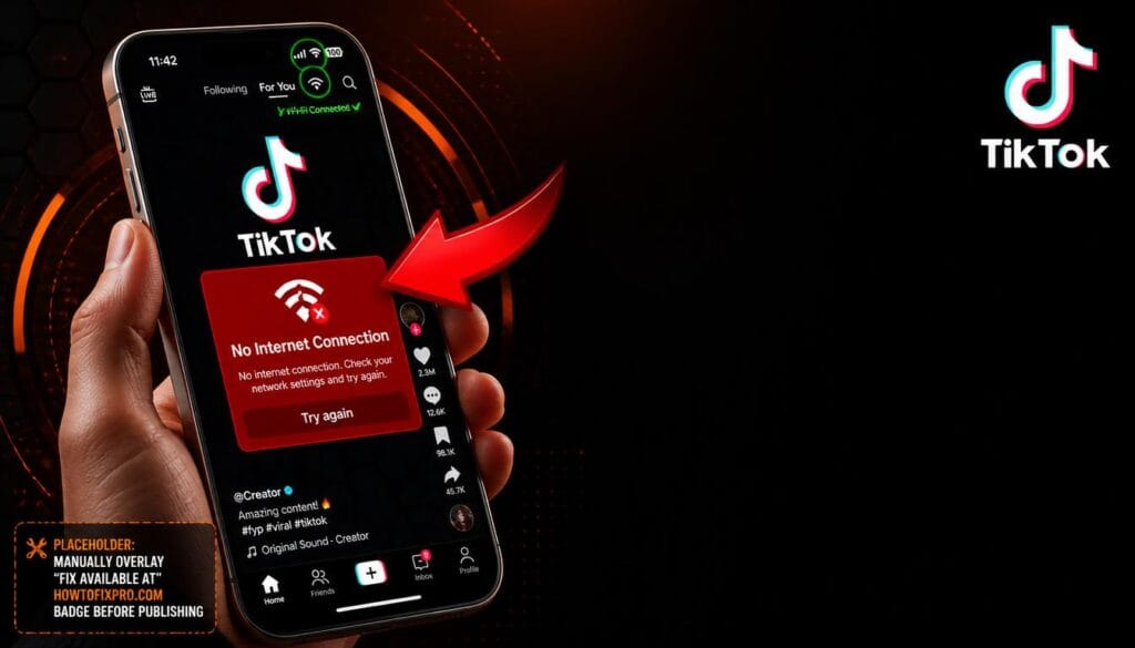 TikTok No Internet Connection when Wi-Fi works error displayed on a smartphone with connected Wi-Fi status.