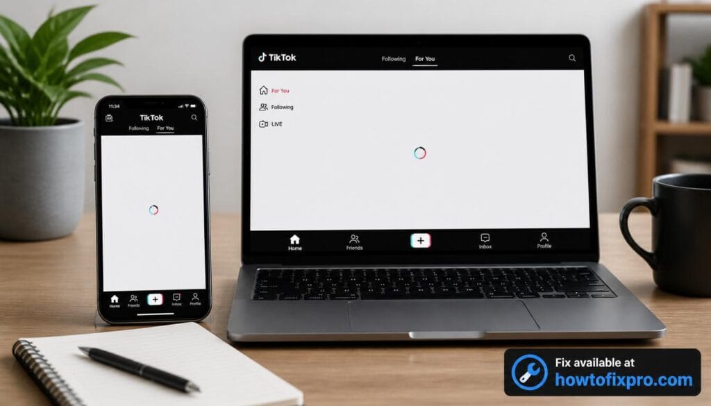 Smartphone and laptop showing TikTok not loading with spinning circle – a common scenario when TikTok not loading occurs