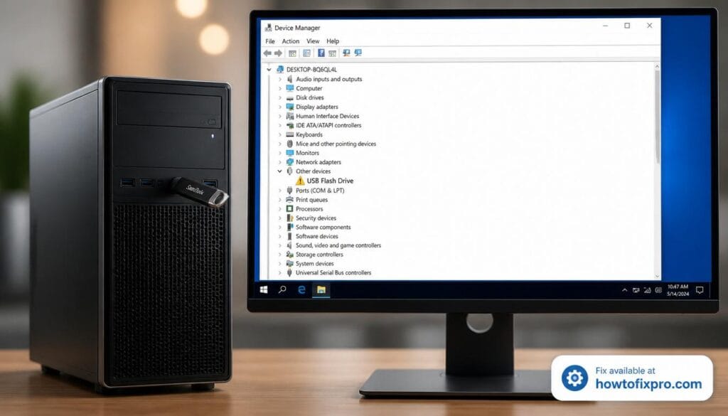USB Device Descriptor Request Failed error with a yellow exclamation mark in Device Manager – a common scenario when Windows cannot recognize a USB device.