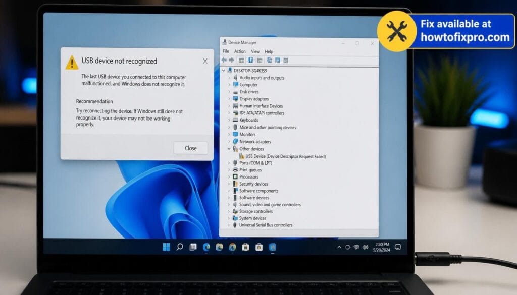 USB device not recognized error on Windows 11 screen