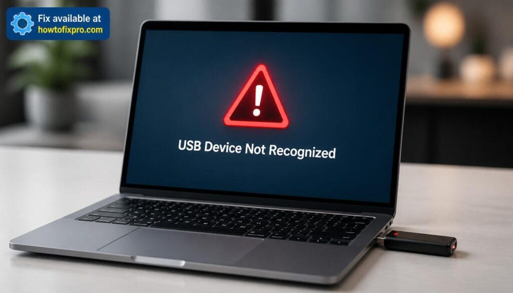 USB ports not working Windows 11 with a "USB Device Not Recognized" warning on the screen – a common scenario when USB ports fail to detect devices.