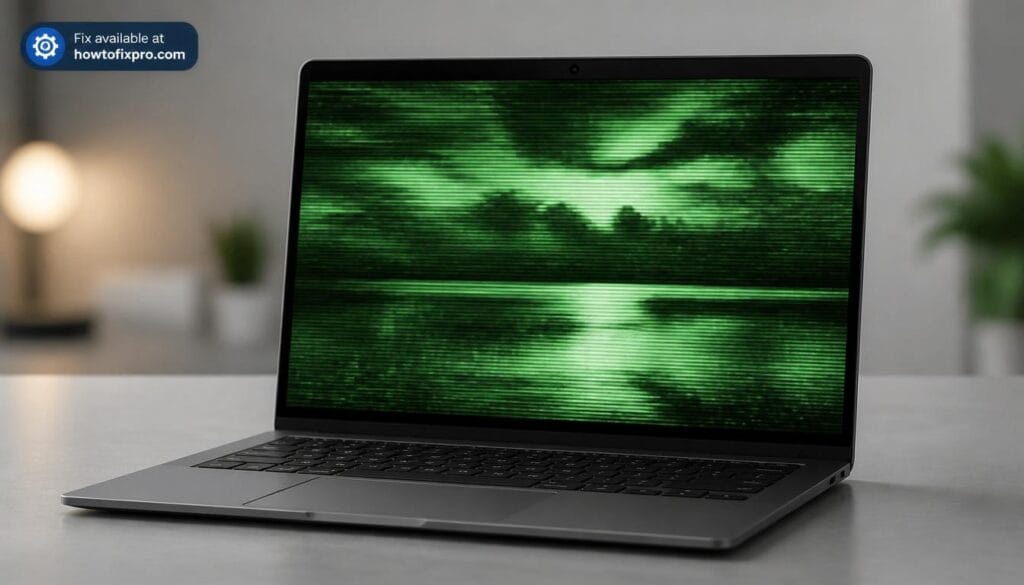 Web camera flickering or green screen with a distorted image on a laptop display – a common scenario when the webcam fails to show a normal picture.