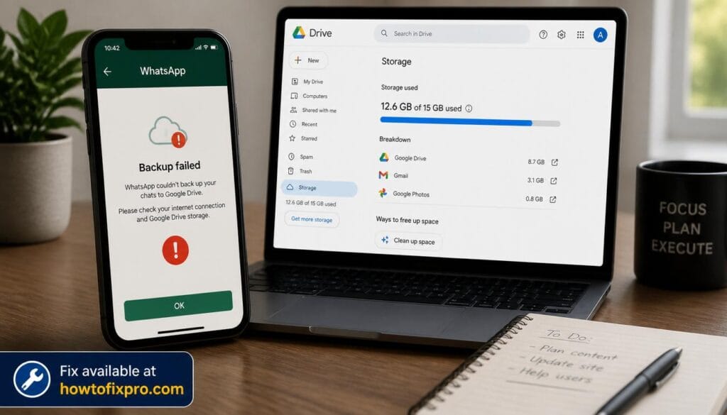 Smartphone and laptop showing WhatsApp backup error message – a common scenario when WhatsApp backup error occurs
