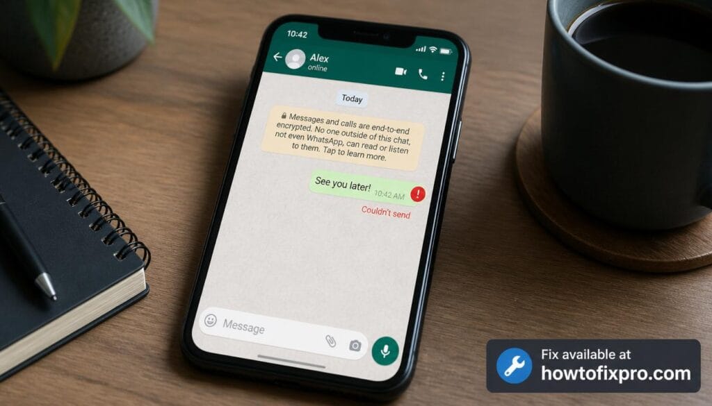 Smartphone showing WhatsApp not sending messages error with red exclamation mark – a common scenario when WhatsApp not sending messages occurs