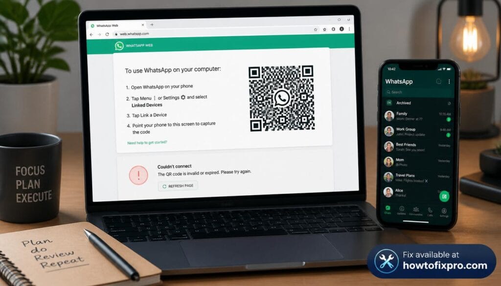 Laptop and smartphone showing WhatsApp Web QR code scan error – a common scenario when WhatsApp Web login error occurs