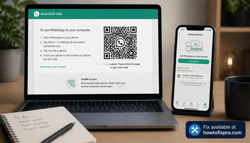 Laptop and smartphone showing WhatsApp Web QR code not syncing error – a common scenario when WhatsApp Web not syncing QR Code occurs