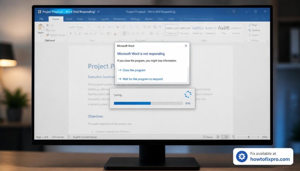 Word not responding on saving with a frozen progress bar and error dialog – a common scenario when Word hangs during the save operation.