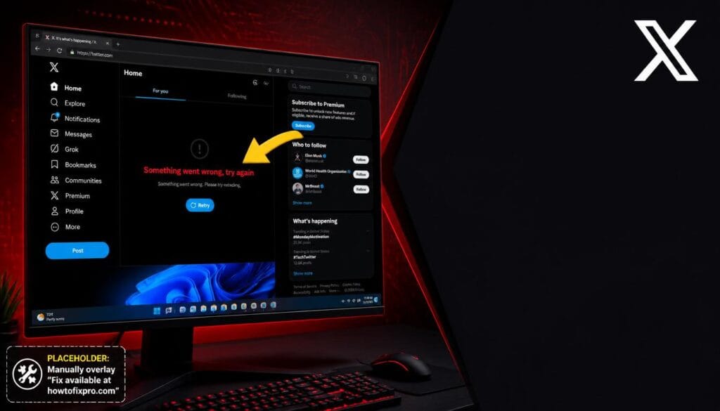 X Something went wrong try again error displayed on a Windows 11 browser with a red error message.
