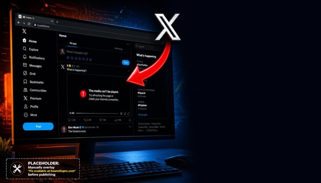 X videos not playing Windows 11 with a media playback error on the Twitter video player.