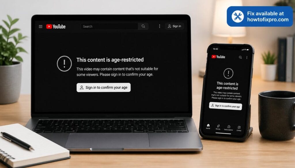 Laptop and phone showing YouTube age restriction warning – a common scenario when YouTube age restricted content error appears