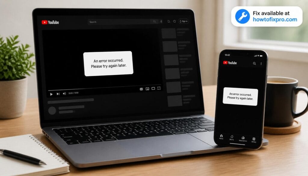 Laptop and phone displaying the YouTube An error occurred message on screen with a black video player background