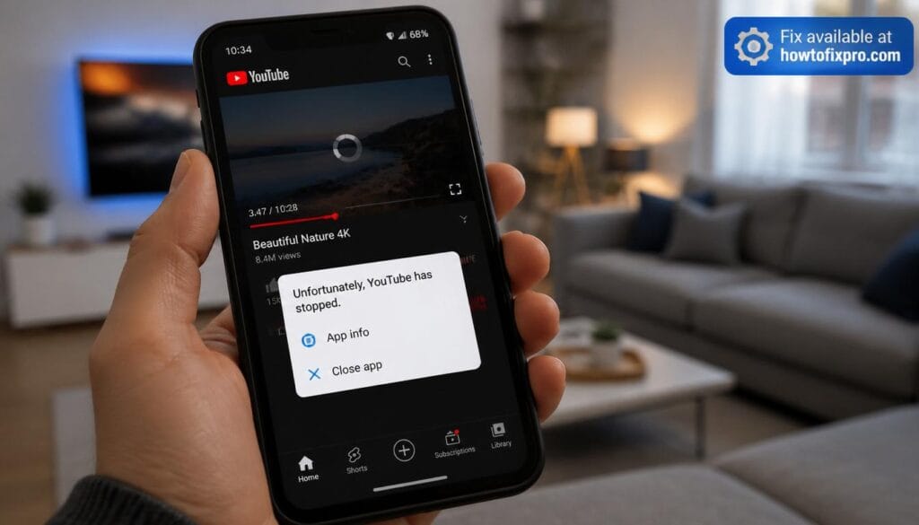Smartphone screen showing a YouTube app crash error message with close and report options